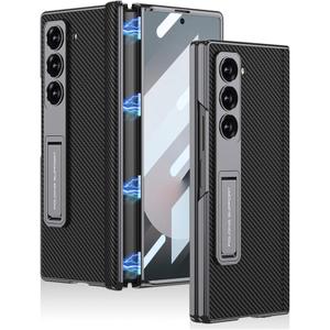 Miimall for Samsung Galaxy Z Fold 6 Case with Magnetic Hinge Protection, Screen Protector & Kickstand, [Wireless Charging] Slim PU Leather Protective Phone Cover for Z Fold6 5G Carbon Fiber Black