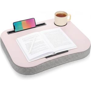 Lewtemi Pink Laptop Lap Desk with Cup Holder and Stopper Padded Phone Holder Couch Bed Sofa Fits up to 15.6 Inch Cushion Portable Lap Desk for Home Office Study Writing