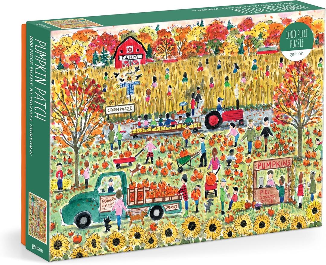 Galison Pumpkin Patch  1000 Piece Michael Storrings Jigsaw Puzzle Featuring Beautiful Artwork of A Pumpkin Patch During A Fall Day