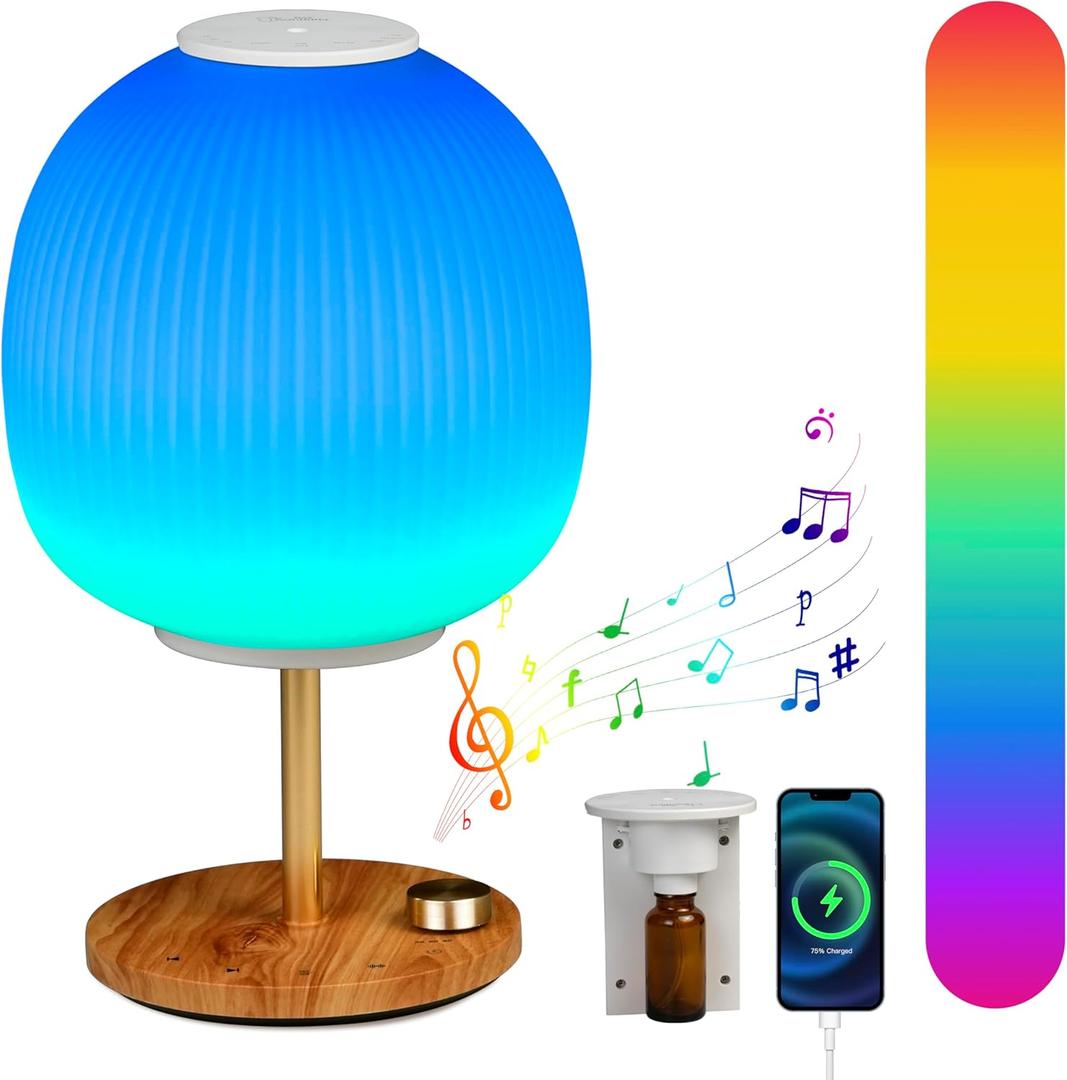 BAYSQUIRREL RGB Bedside Table Lamp 14 Inch with Bluetooth Speaker & Essential Oil Diffuser - Color Changing Glass Lamp for Bedroom, Living Room, Nightstand - Aromatherapy, Mood Lighting, Stereo Sound (vertical stroke)
