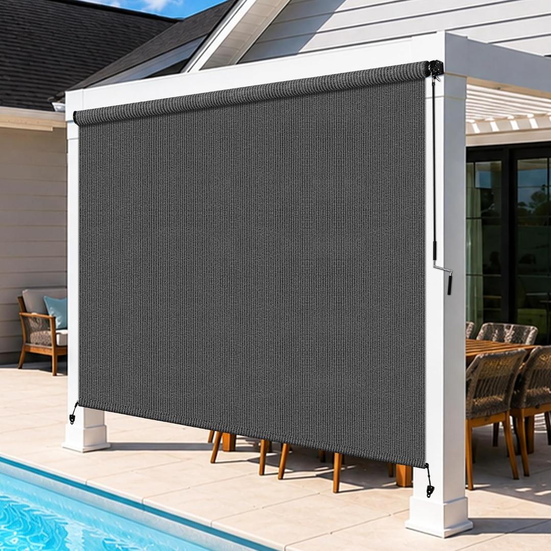 Outdoor Roller Shades for Patio, 8' W x 8' H Cordless Patio Shades Roll Up Outdoor Blinds with Splicing Design, 90% UV Protection for Porch Gazebo Pergola, 2 Poles & 1 Fabric, Gray, 96"W x 96"H