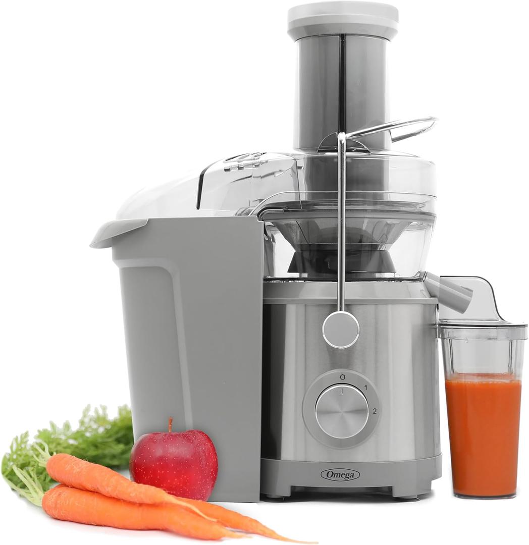 Omega Centrifugal Juicer with Extra Large Chute High Speed Extractor For Fruits and Vegetables, Features 2 Speeds Stainless Steel Filter and Large Pulp Container, 1000-Watts, Silver