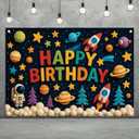 Space Happy Birthday Backdrop Banner Photography Background Party Decoration for Boy Girl Kids Baby Universe Planets Solar Galaxy Astronaut Photo Booth Supplies 71.8 X 43.3in