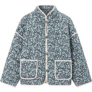 Muchpow Quilted Puffer Jacket for women Floral Printed Lightweight Cropped Button Down Outerwear with Pockets (Large, Blue)