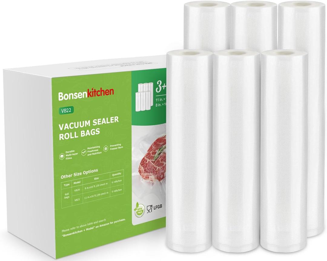 [2025 Upgraded] Bonsenkitchen 3 Rolls 11" x 16' + 3 Rolls 8" x 16' Vacuum Sealer Bags for Food with a Color Box, Easy to Store, Commercial Grade, BPA Free, Great for Food Storage or Sous Vide, VB22