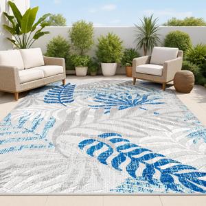 JONATHAN Y Tropics Palm Leaves Indoor Outdoor Area Rug 8X10 Gray/Blue, Boho for Backyard, Patio, Porch, Easy-Cleaning, High Traffic, Pet-Friendly, Non-Shedding (AMC100A-8)