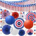 4th of July Decorations, 21-Pcs Red, White and Blue Patriotic Party Supplies, Foil Fringe Streamer, Star Garland, Paper Fans, Lanterns, Pom Poms, Hanging Swirls for Independence Day