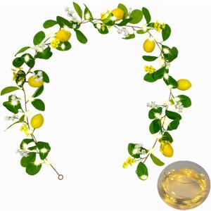 Hamifinee Artificial Lemon Garland with Fairy Lights Spring Summer Greenery Lemon Vine Plant Vivid Fruit Dense White and Yellow Flowers Hanging Wreath for Home Garden Wedding Party Christmas Dcor