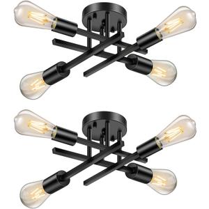 Industrial 4-Light Semi Flush Mount Ceiling Light Fixture, Modern Black Close to Ceiling Light, Farmhouse Chandelier Ceiling Lamp for Hallway Kitchen Bedroom Living Room (2 Pack)