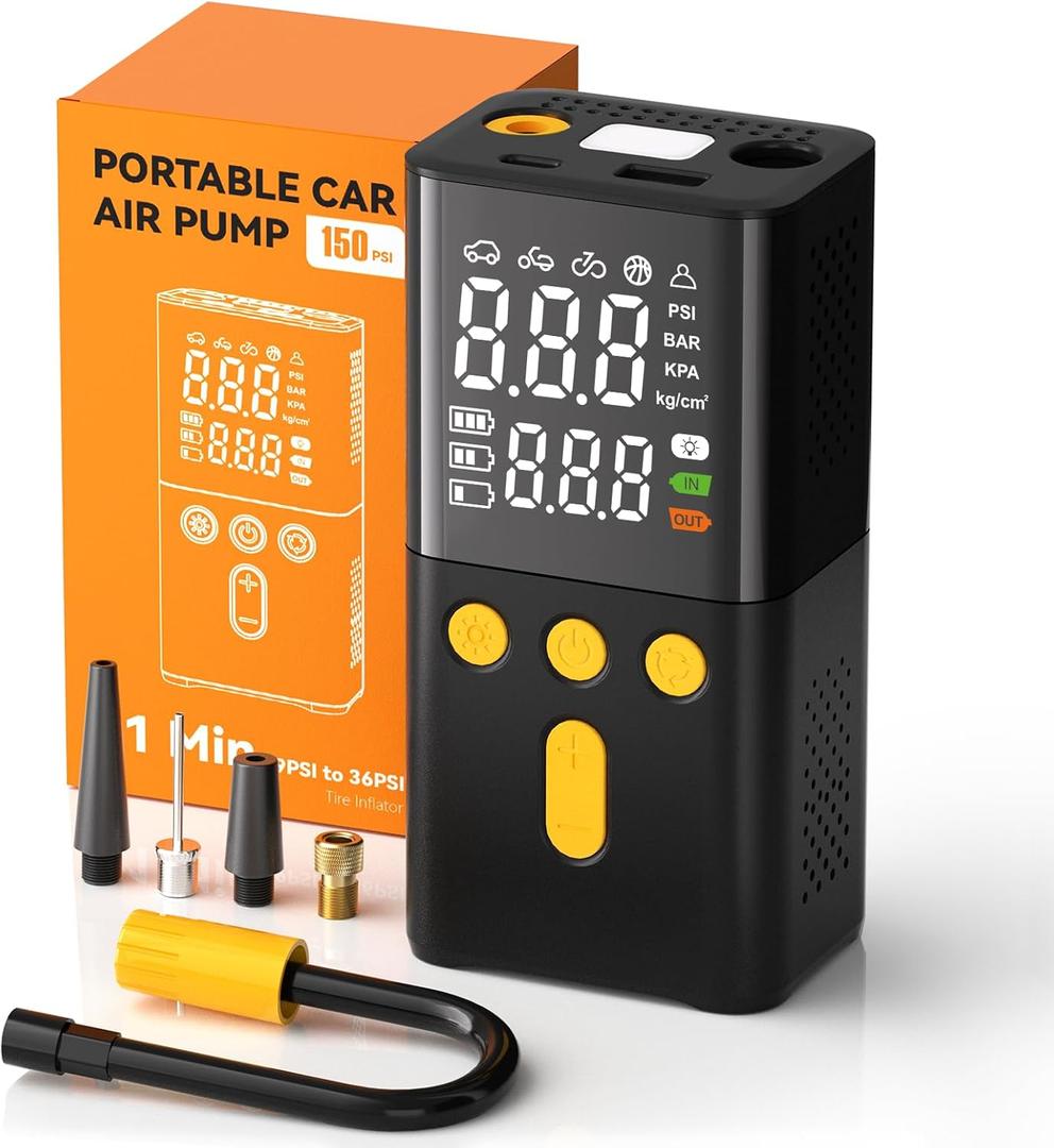 Tire Inflator Portable Air Compressor 150PSI Fast Inflation, Cordless Car Tire Pump w/Digital Gauge, Auto Stop, LED Light for Cars Motorcycles Bikes Balls, Car Accessories