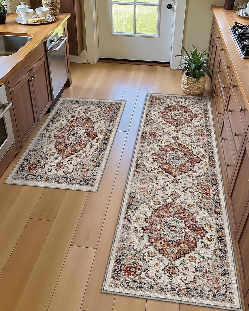 LUMI Kitchen Rug Set of 2, Washable Skin-Friendly Kitchen Floor Mats 2 Piece, Soft Throw Rug, Waterproof Kitchen Carpet Set for Sink and Laundry, Easy-Clean, Mocha Garden