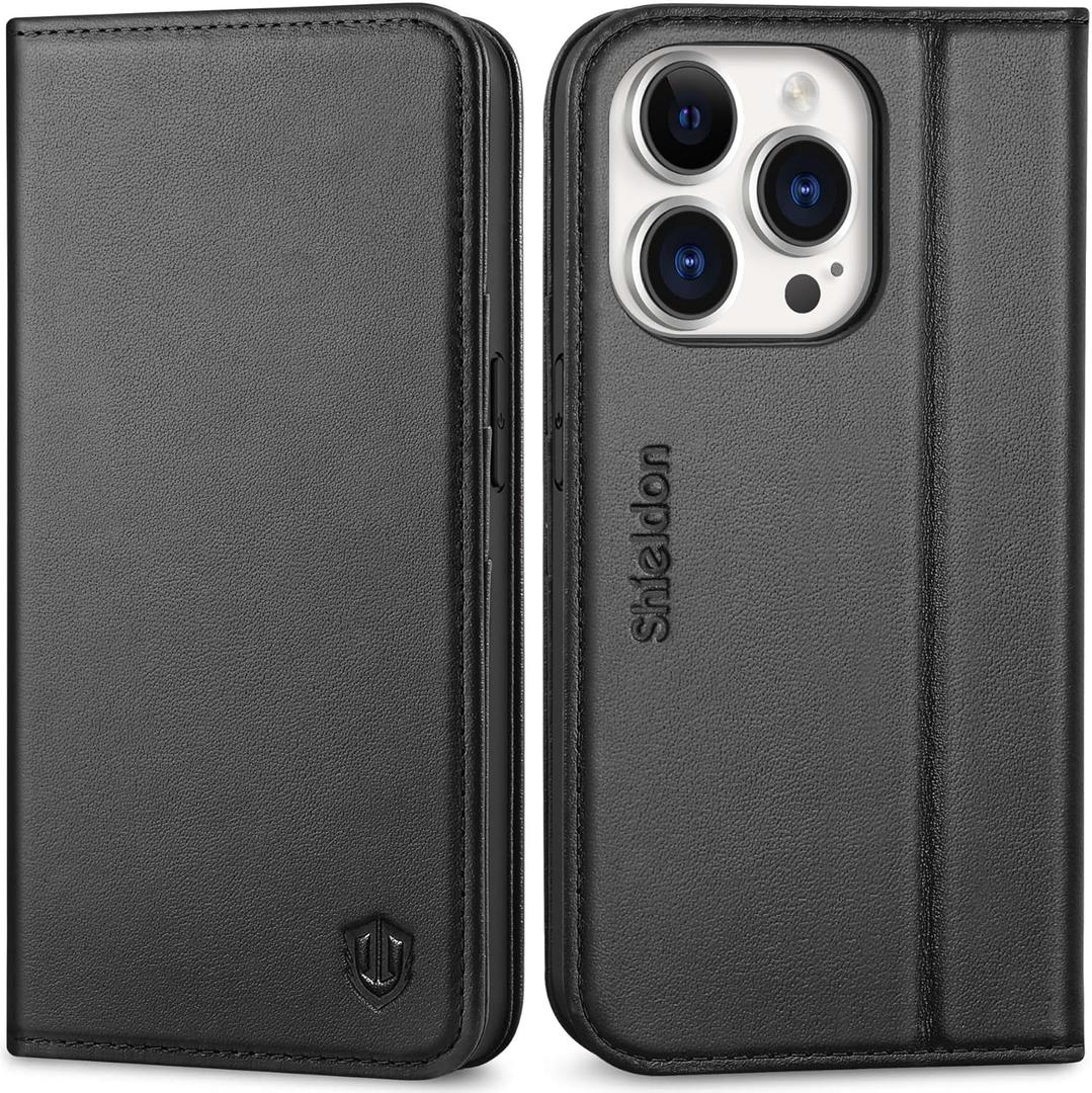 SHIELDON Wallet Case for iPhone 14 Pro 5G 2022, Genuine Leather Case with RFID Blocking Credit Card Holder Folio Magnetic Stand Shockproof Cover Compatible with iPhone 14 Pro 6.1" - Black