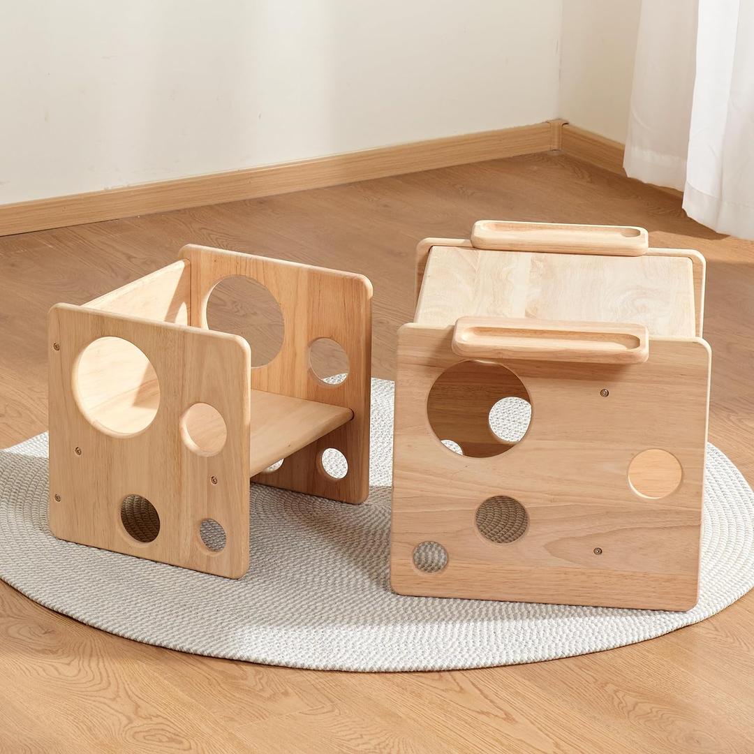 Kids Table and Chair Set, Montessori Weaning Table and Chair Set for Toddler, Natural Solid Wooden Activity Table Cube Chair for Drawing Reading, Montessori Playroom Furniture for Children