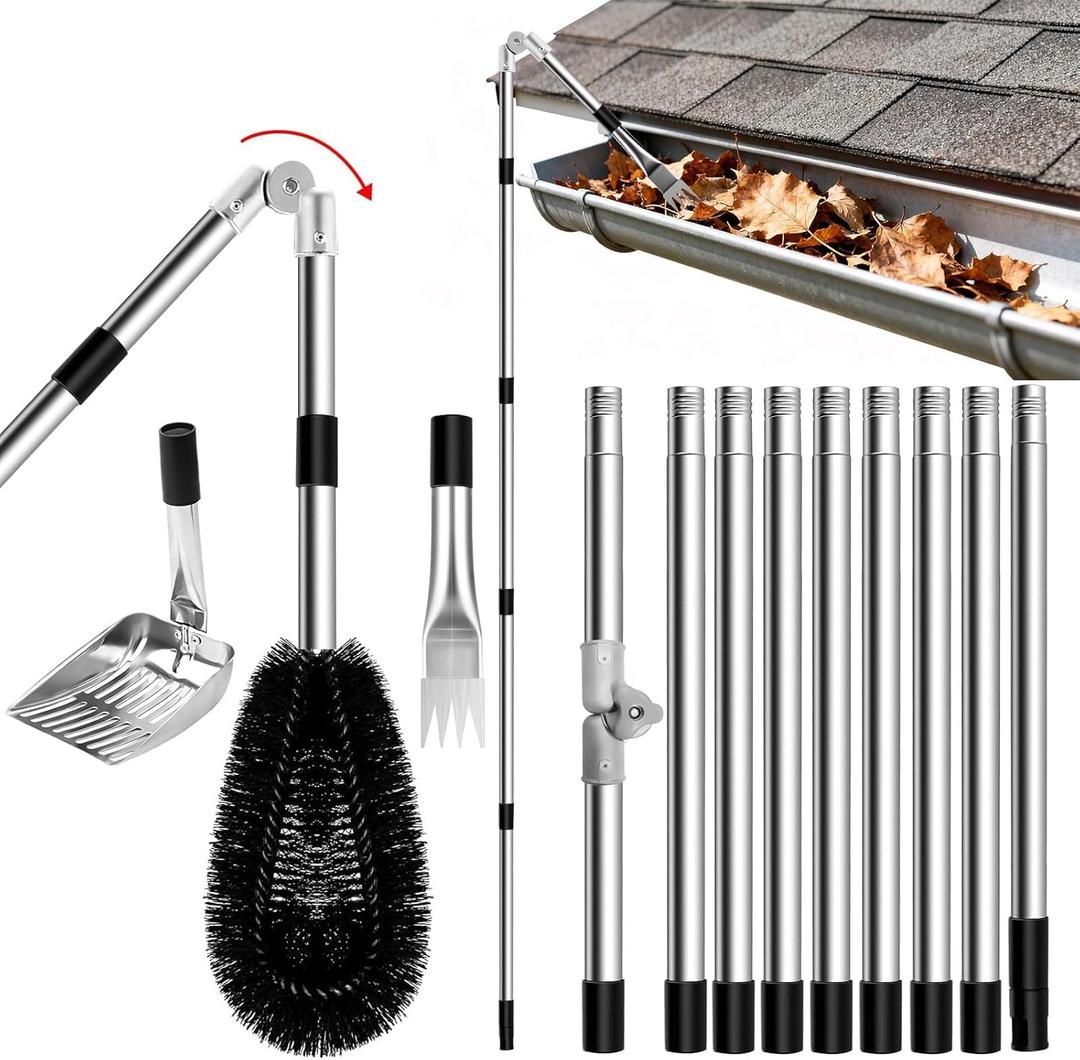 13.12FT Adjustable Gutter Cleaning Tool with 180 Swivel Head, Gutter Rake, Cleaning Shovel  Ladder-Free Cleaner Pole for Leaves, Debris, and Cobwebs