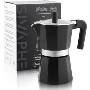Sivaphe Aluminum Moka Pot 6 Espresso Cups, Percolator Espresso and Coffee Maker, Portable Stovetop Italian and Cuban Caf Brewer for Home and Camping Black