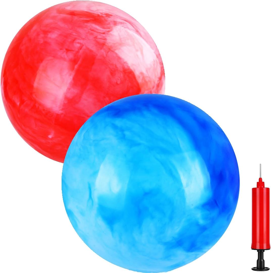 2 Pcs Marbleized Bouncy Balls for Kids Large-Sized Ball Inflatable Rubber Playground Sensory Balls for Beach Pets Indoor Outdoor Kickball Water Balls (18 inch, Red, Blue)