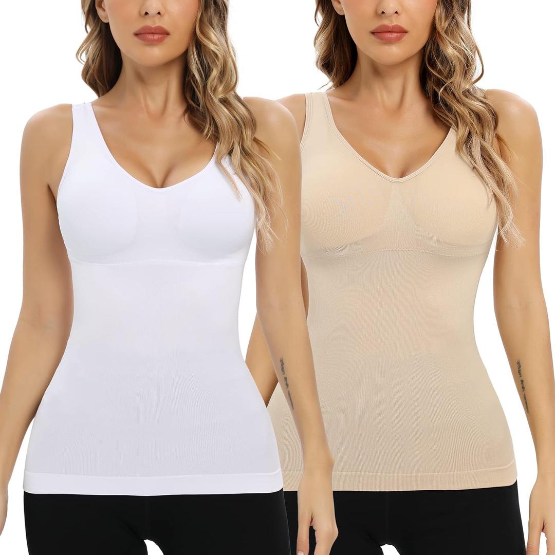 Camisoles with Built in Bra Compression Padded Shapewear Tank Tops for Women White Tank Tops with Built in Bras Tummy Control (Medium)