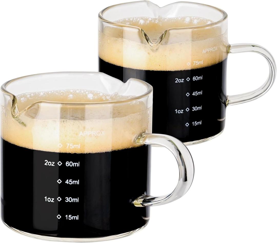 Espresso Double Spout Glass Coffee Cups with Handle - 75ML/2.5OZ Clear Borosilicate Glass Shot Glasses with Scale Measurement (2 Pack)