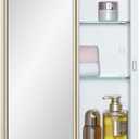 White Medicine Cabinet with 15x24 Inch Gold Frame Mirrored Door, Wall Mounted Storage, Recessed or Surface Mount, 2 Adjustable Glass Shelves, Vanity Organizer for Bathroom, Bedroom, Hallway