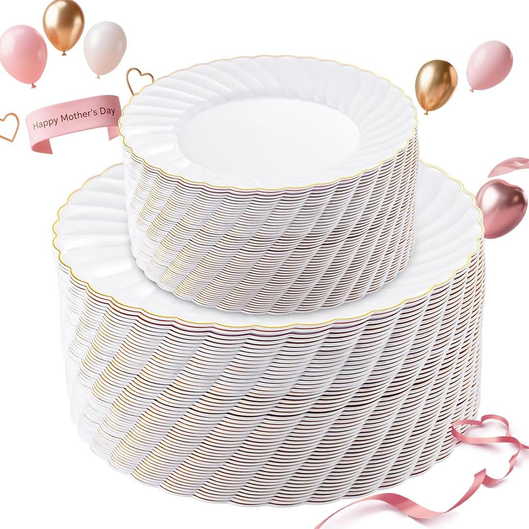 U-QE 100 Pieces Gold Plastic Plates - Premium White Plastic Plates for Party, Wedding and Daily Use Including 50PCS 9 '' Plastic Dinner Plates & 50PCS 6.5 '' Plastic Dessert Plates