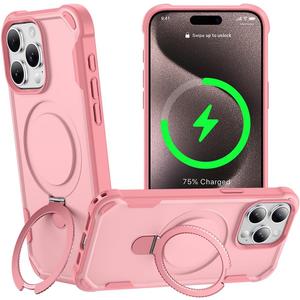 Designed for iPhone 15 Pro Max Case with Magnetic Stand [Military Drop Protection][Compatible with Magnet] Shockproof 15 Pro Max Phone Case with Ring Holder, Pink