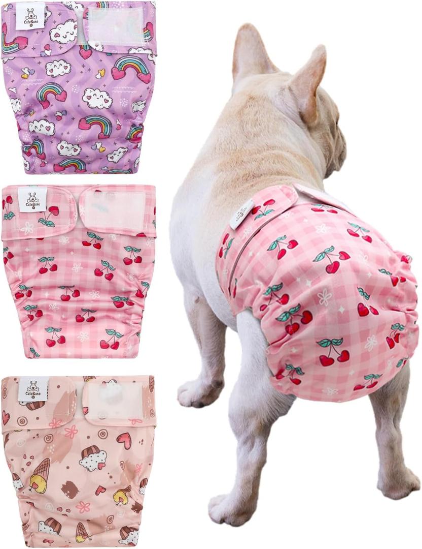CuteBone Washable Dog Diapers Female No Tail Hole 3 Pack Reusable Doggie Period Training Pants for Docked-Tail Frenchie French Bulldog Boston Terrier Without Tail WWD29M