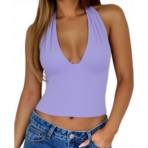 EMMIOL Women Halter Going Out Tops Sexy Deep V Neck Blackless Sleeveless Open Back Crop Tank Top Y2K Coquette Clothes Purple S