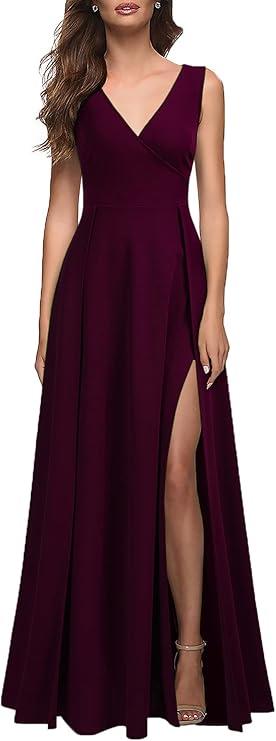 MUSHARE Women's V Neck Sleeveless Split Formal Dress Cocktail Party Prom Long Dresses, L, Burgundy