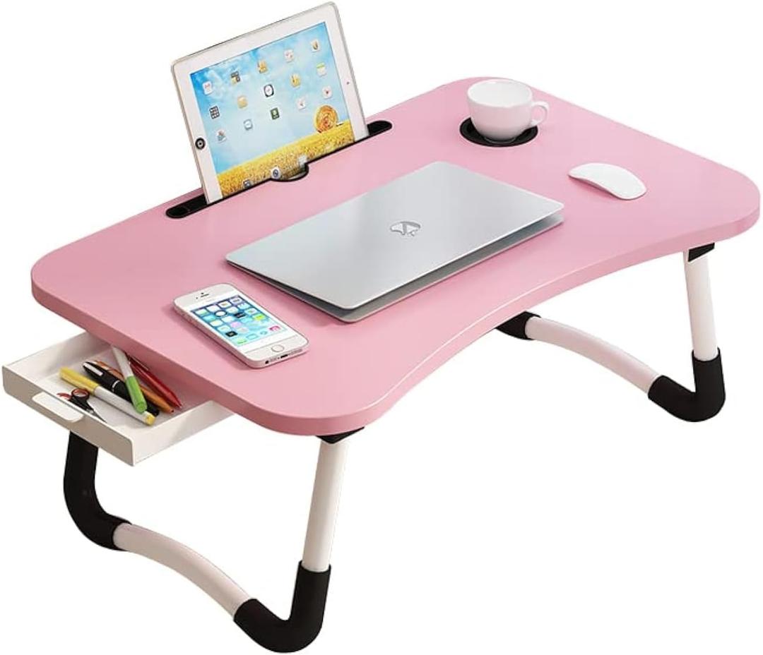 Lap Desk with Storage Drawer, Holders for Cup and Tablet, Tray Table with Foldable Legs, Laptop Bed Stand, Portable Standing Table for Sofa Couch Floor (23.6", Pink)