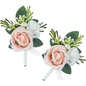 Set of 2 Pink Rose Boutonniere for MenWedding, Groom Groomsman Artificial Flowers for Wedding Anniversary Celebration,Prom,Party,Home Decoratio (Pink)