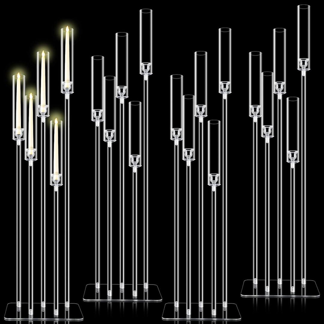 Tessco for you 4 Set 5 Arms Acrylic Candelabra Centerpieces 46.4'' Tall Clear Candle Holders Wedding Table Centerpiece Floor Candle Stand with Acrylic Shade Fit 0.8'' LED Candles for Home Party