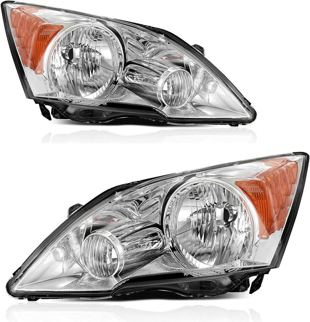 APSVE 2Pcs Headlight Assembly Compatible with 2007-2011 Honda CRV CR-V Headlights Headlamp Driver Passenger Side, Chrome Housing Amber Corner