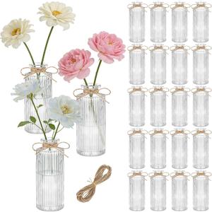Glass Bud Vases Set of 20, Clear Small Flower Vases Bulk with Twines Ropes, Mini Ribbed Vase for Centerpieces, Decorative Glass Vases for Wedding Table, Party, Home Decor