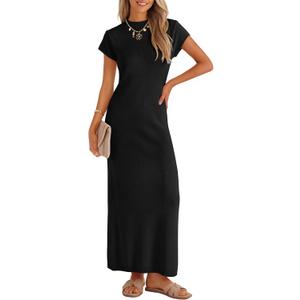 ZESICA Womens Spring Casual Bodycon Maxi Dress 2026 Summer Business Casual Short Sleeve Crewneck Knit Slit Vacation Dresses (Medium, Black)