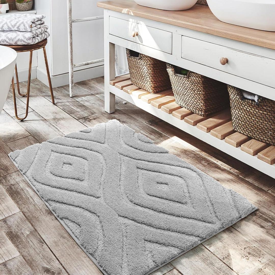 DEXDE Bathroom Rugs 20x32 Inches, Quick Dry Boho Bath Mat Non Slip Geometric Luxury Soft Machine Washable Bath Rugs Carpet for Bathroom Shower Tub Modern Decor, Gray