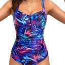 Tempt Me Women Ruched Slimming One Piece Swimsuits Tummy Control Vintage Bathing Suits (Purple Leaf Printed), Size: M