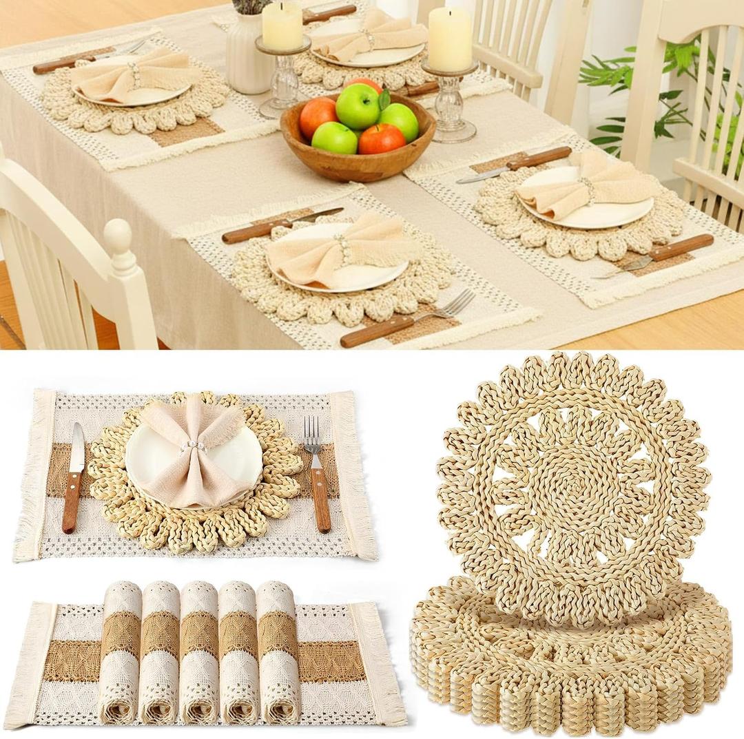 Boho Wedding Placemats Set of 6 - Handmade Farmhouse Rustic Table Decor, Natural Cotton Burlap and Water Straw Woven Round & Rectangular Mats for Bridal Shower, Reception & Holiday Hosting