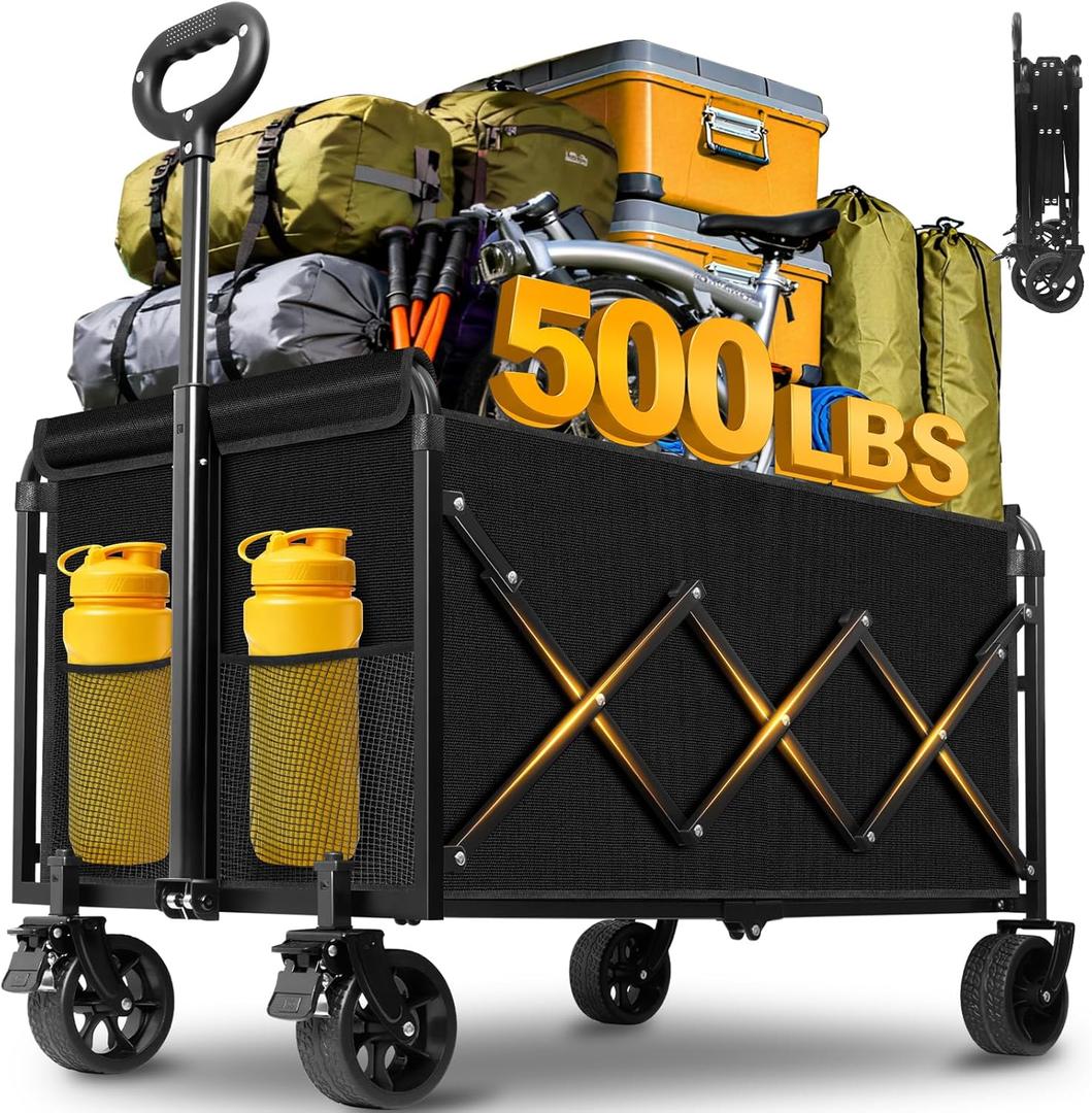 Collapsible Wagons Carts Foldable Wagon, 500LBS Collapsible Wagon Cart Foldable with Wheels & Brakes, Large Heavy Duty Folding Wagon Cart Utility for Camping, Picnic, Beach, Grocery, Sport, Shopping