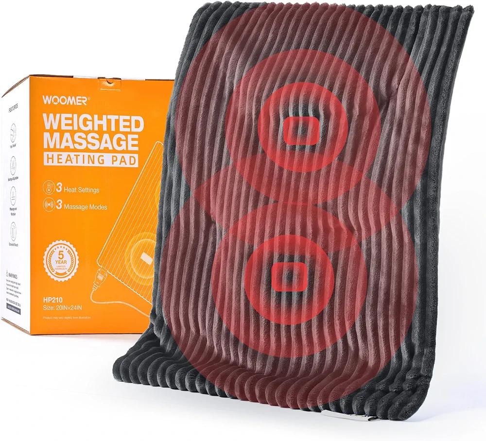 WOOMER Weighted Massage Electric Heating Pad for Back Pain, Neck and Shoulders Cramps Relief, 20’’x24’’, 2.2lb BPA-Free and Non-Toxic Beads, 3 Heat Settings, 3 Massage Modes, 2h Auto-Off