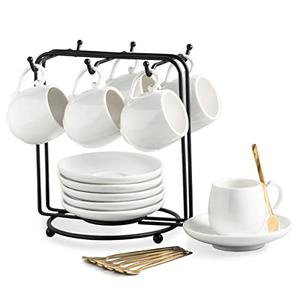 LYEOBOH Espresso Cups with Saucers Set, 3 Ounces Coffee Cups Ceramic Cappuccino Coffee Cups Demitasse Cups for Espresso, Latte, Cafe Mocha and Tea, Tea Cups Set of 6, White 