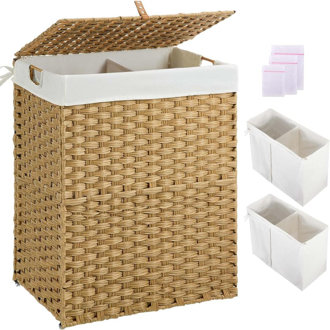 Greenstell Laundry Hamper No Install Needed, Divided Clothes Hamper with 2 Removable Liner Bags, 90L Handwoven Synthetic Rattan Laundry Basket with Lid and Handles, Foldable Natural