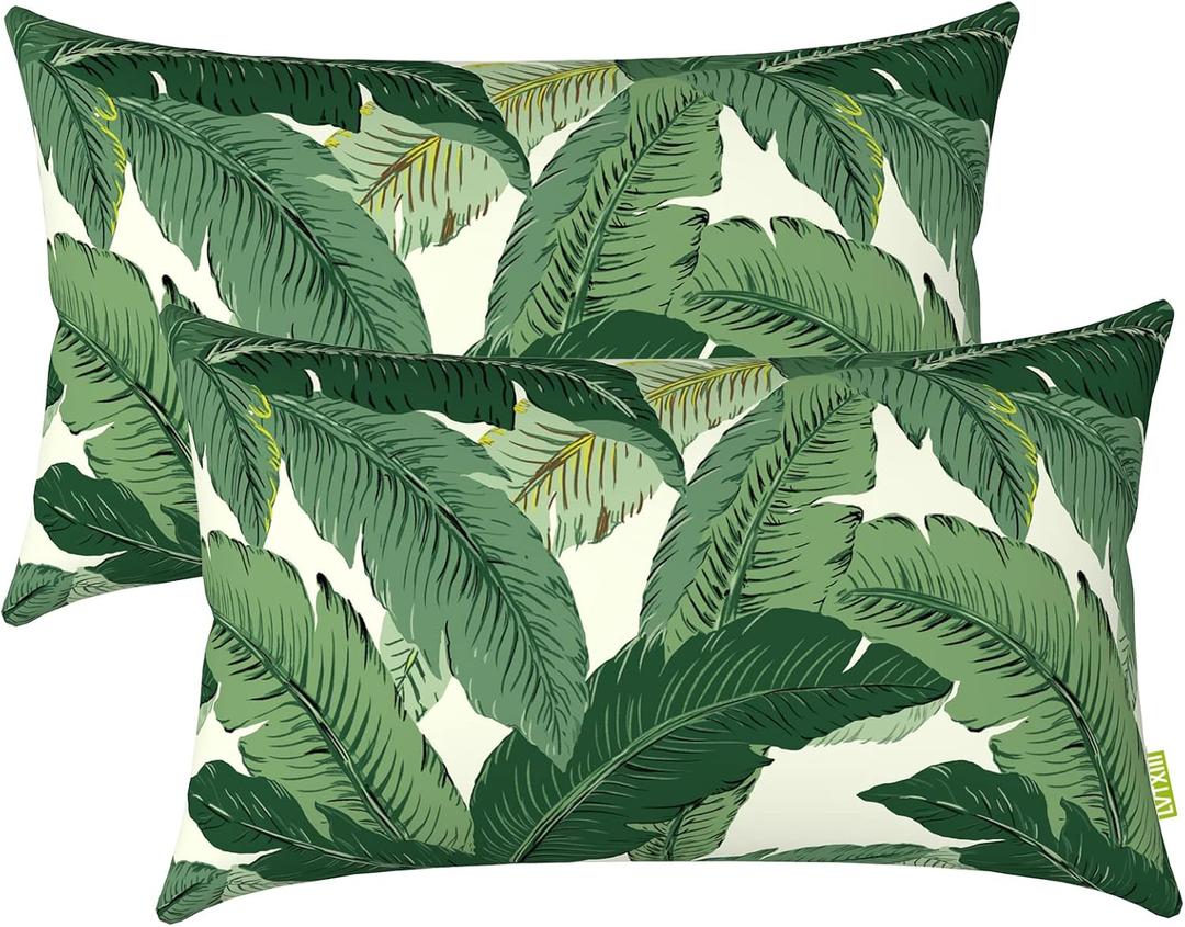 LVTXIII Set of 2 Patio Lumbar Pillows, 12x20 Fade Resistant Outdoor Lumbar Pillow with Inners, Fluffy Decorative Garden Lumbar Cushions for Home Patio Coach Sofa Use, Swaying Palms Green