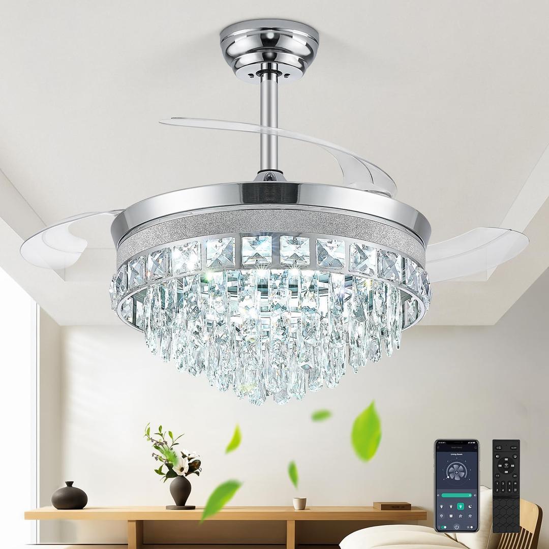 42 Fandelier Ceiling Fan with Light, Chandelier Ceiling Fans with Lights, Crystal Ceiling Fans for Bedroom Living Room, LED Dimmable, 6 Wind Speed,3 Color Temperatures-Chrome