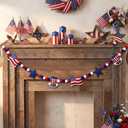 CroBlissful 4 ft Felt 4th of July Garland 3D Red White Blue Patriotic Pom Ball Banner with Flag & Stars 250th Anniversary Decorative Memorial Day Hanging Bunting for Home Mantel Independence