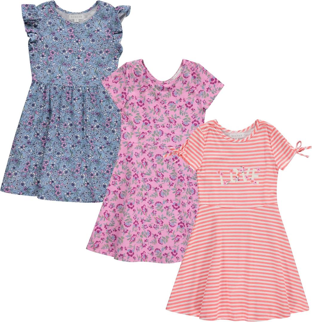 BTween 3 Piece Girls Summer Dress Set Short Sleeve Casual Skater Dresses (4-5, Strip)