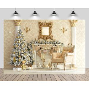 7x5ft Luxury Christmas House Backdrop Christmas Tree Vintage Armchair Candles Retro Palace Xmas Background Xmas Eve New Year Theme Party Decor Portrait Photo Studio Booth Props Wallpaper
