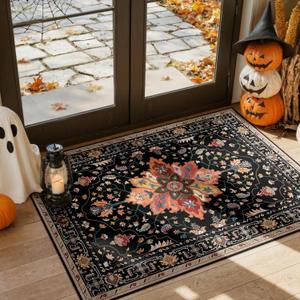 Area Rugs 3'x5' Washable Non-Slip, Floral Vintage Distress Print Pattern Medallion Carpet for Living Room Bedroom Dining Room, Black Colorful Floral Dark Tan