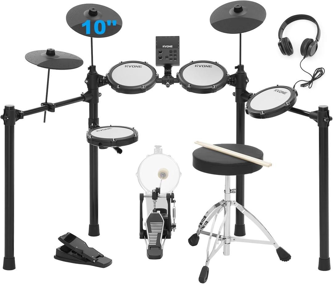 Electric Drum Set with Kick Hammer Pedal, Electronic Drum Kit for Beginner Adult with 150 Sounds, 10" Cymbals, 4 Quiet Mesh Pads, all-in-one drum set with Throne, Headphones, Sticks