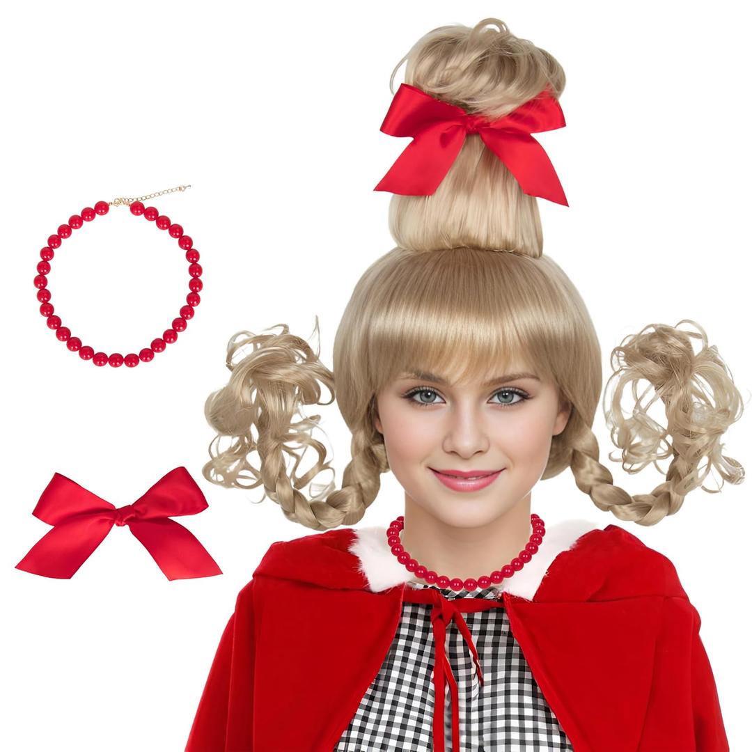 Miss U Hair Adult Women Christmas Wig Long Blonde Braid Wig with Red Beads Necklace Bow (Average Head)
