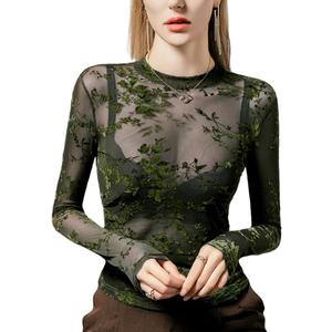 METWAY Green Sheer Top Women Mesh Long Sleeve Tops Lace Turtleneck See Through Undershirt Sexy Blouse Going Out T Shirt, XL